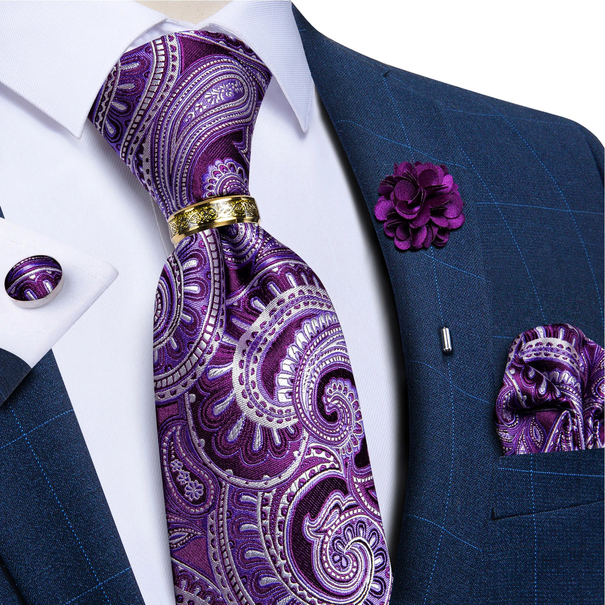 white purple floral pattern tie set