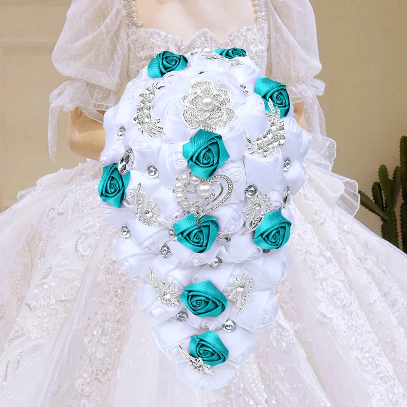 White Green Waterfall Bridal Flower Bouquets