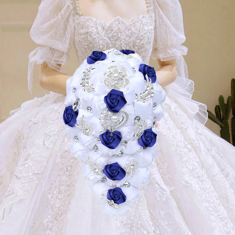 White Blue Waterfall Bridal Flower Bouquets