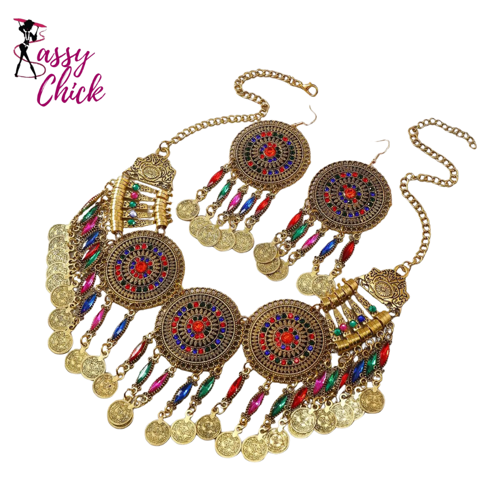 Gypsy Bohemia Chic Metal Coin Crystal Tassel Jewelry Sets Sassy Chick Logo