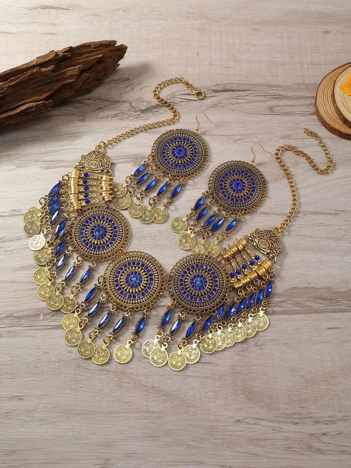 Bronze Gypsy Bohemia Chic Metal Coin Crystal Tassel Jewelry Sets