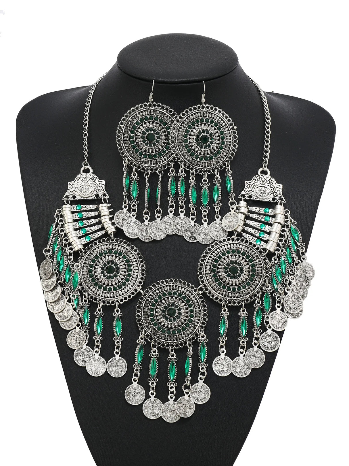 Silver Emerald Gypsy Bohemia Chic Metal Coin Crystal Tassel Jewelry Sets