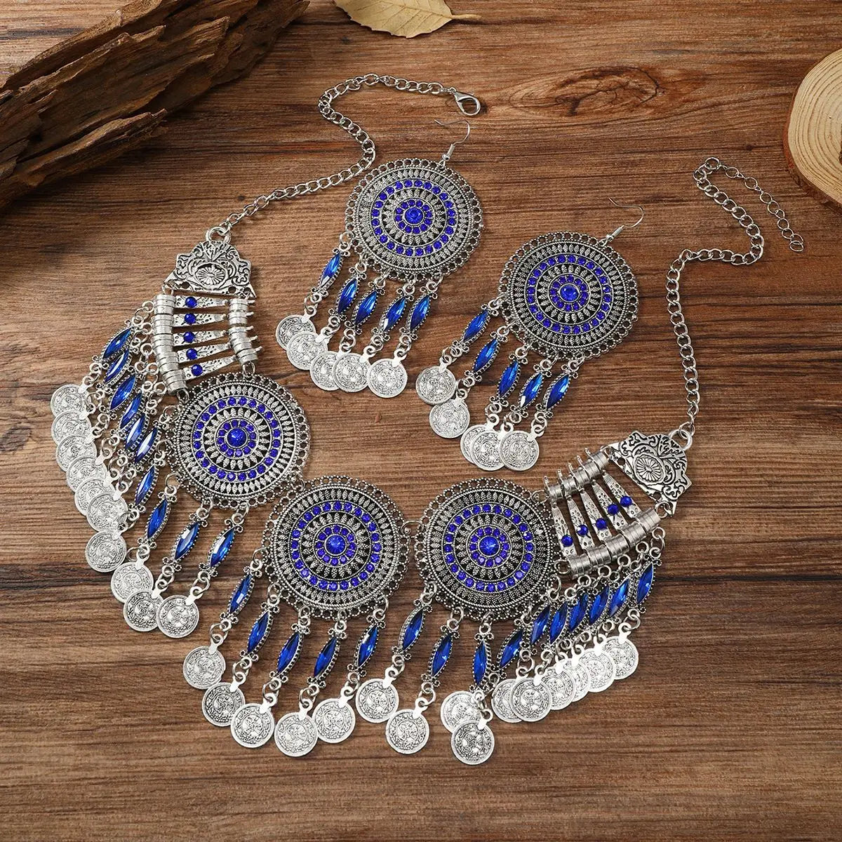 Silver Blue Gypsy Bohemia Chic Metal Coin Crystal Tassel Jewelry Sets