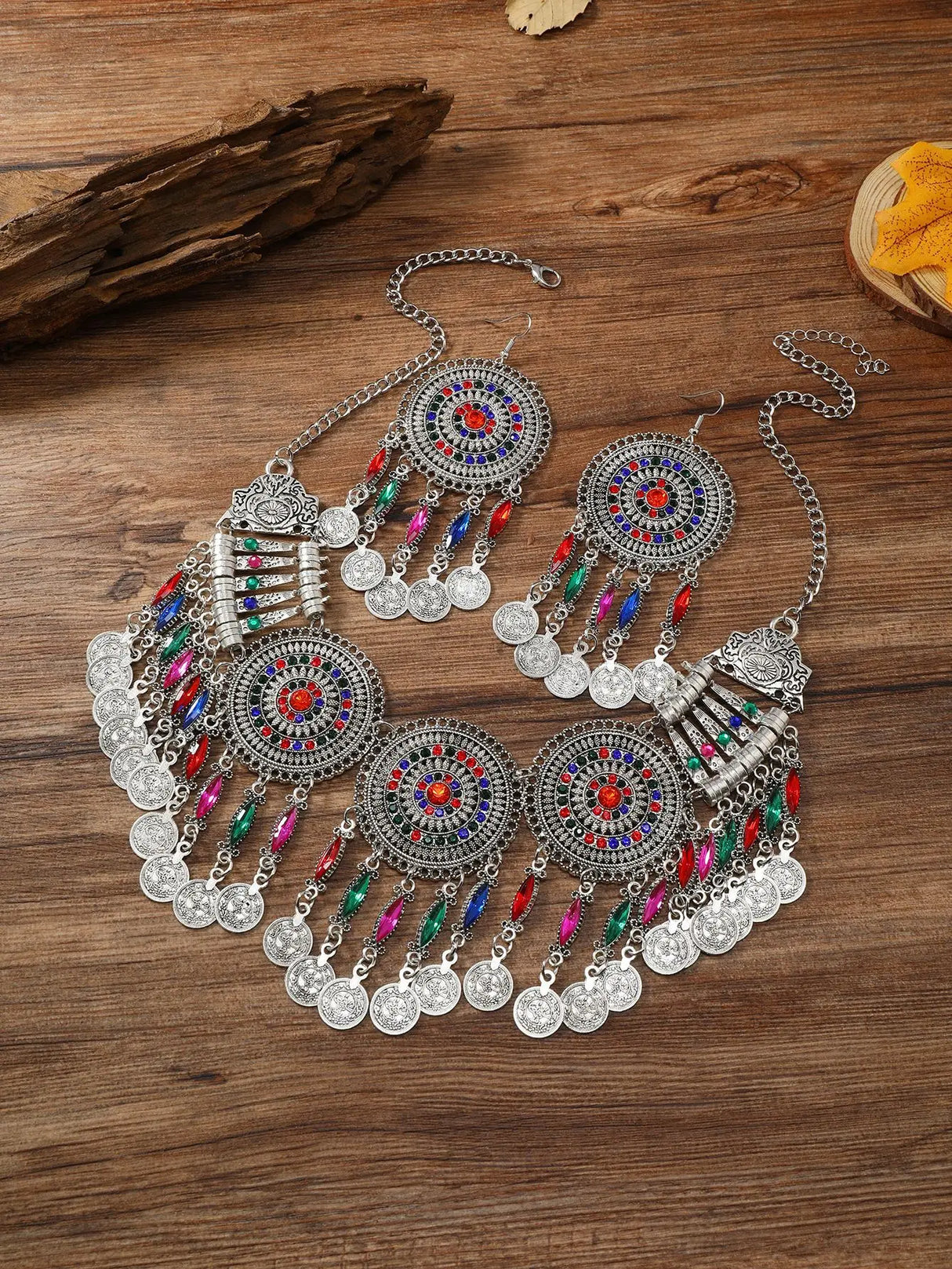 Multi color Gypsy Bohemia Chic Metal Coin Crystal Tassel Jewelry Sets