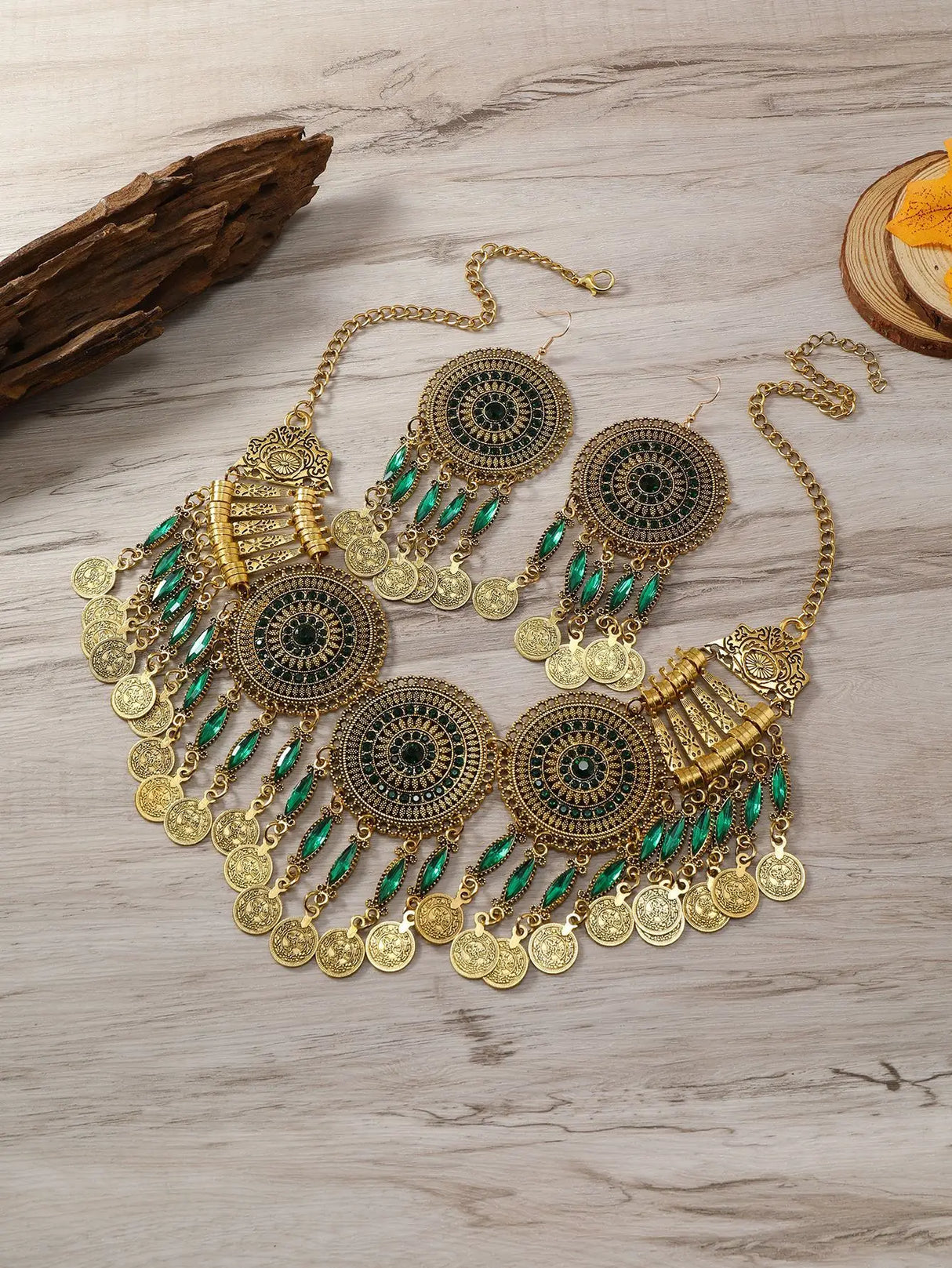 Gold Emerald Gypsy Bohemia Chic Metal Coin Crystal Tassel Jewelry Sets