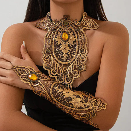 model using Gypsy Lace Flowers Choker Necklace Bracelet