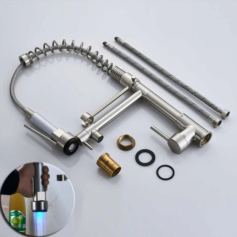 Black bronze LED kitchen faucet with dual spout and pull-down handheld sprayer