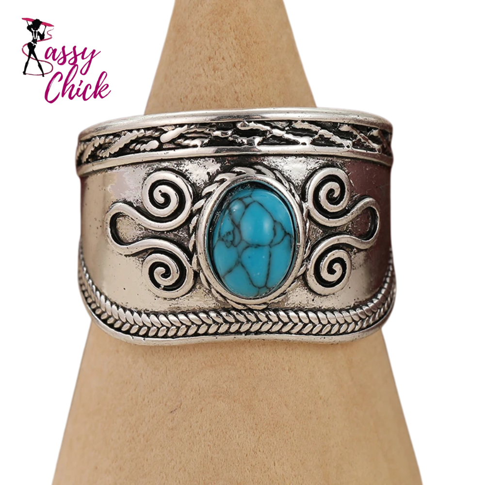 Hand Carved Inlaid Synthetic Turquoise Silvery Rings Sassy Chick Logo