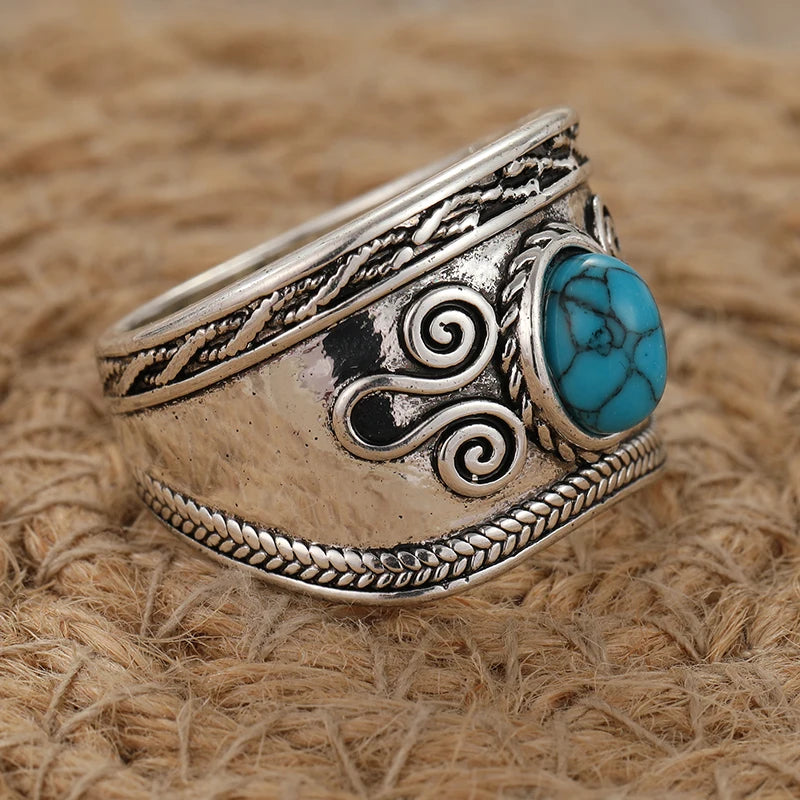 Hand Carved Inlaid Synthetic Turquoise Silvery Rings