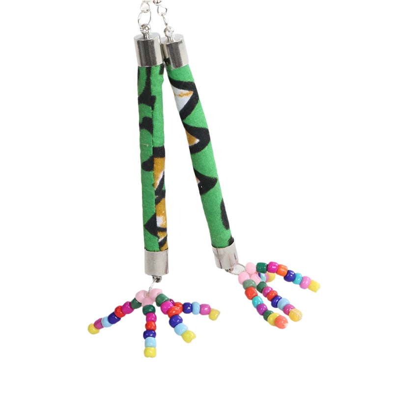 green with beads Handmade African Fabric Tassels Earrings