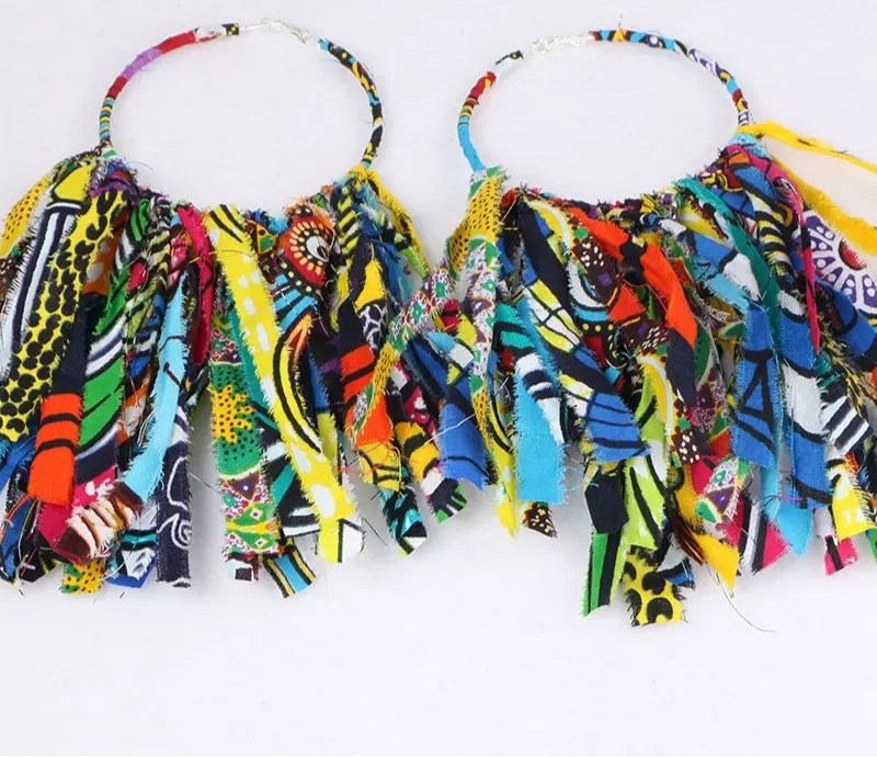 multi color Handmade African Fabric Tassels Earrings