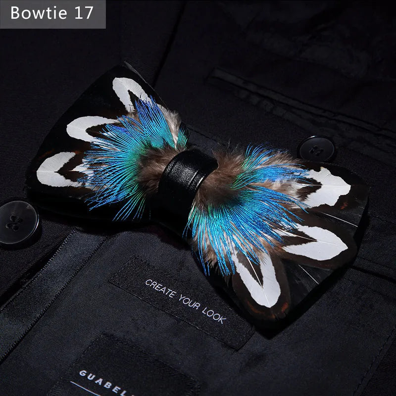 Black Blue Handmade Colorful Brooch Feather Bowtie