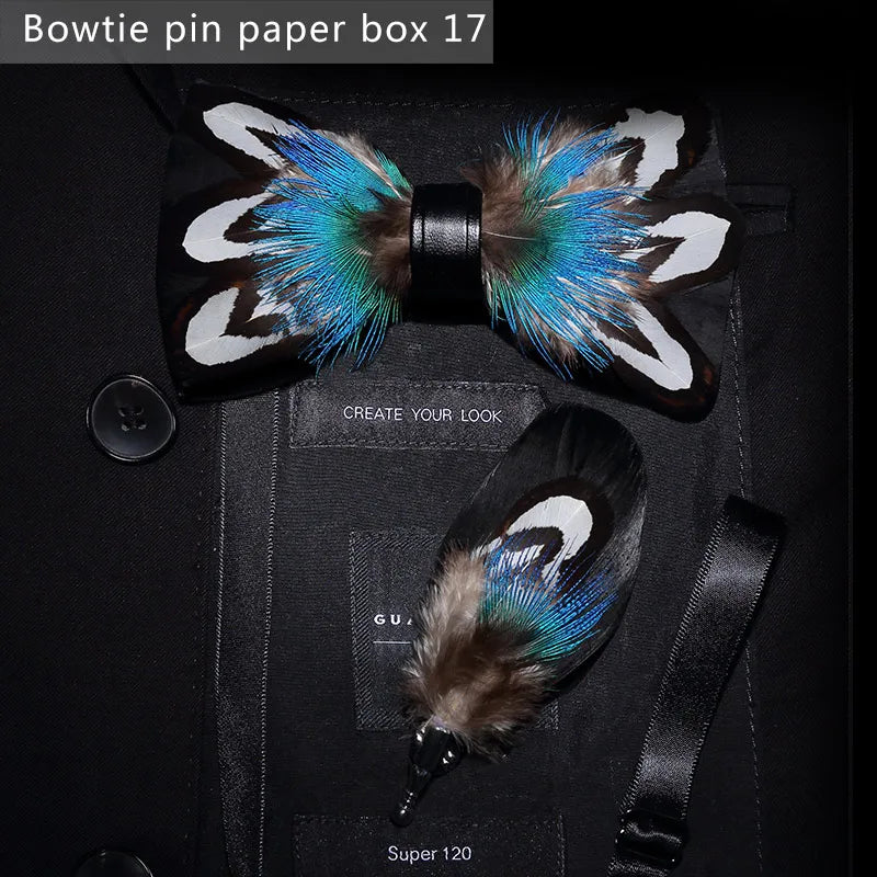 Blue Black Handmade Colorful Brooch Feather Bowtie