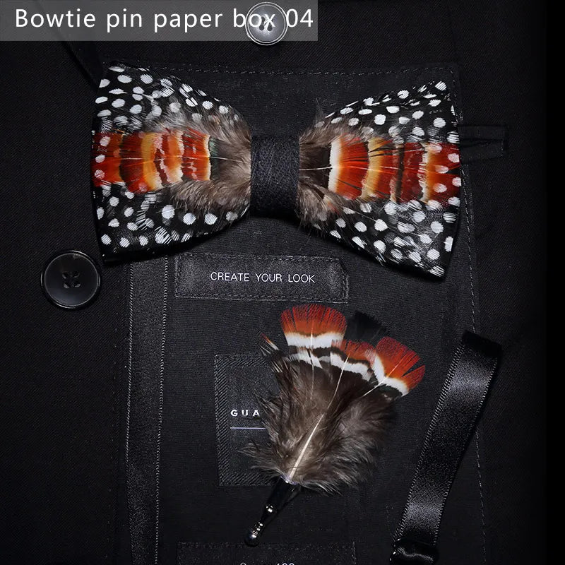 Orange Black Handmade Colorful Brooch Feather Bowtie