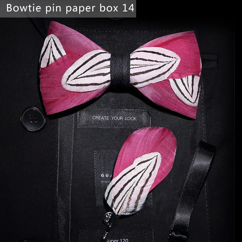 Pink Handmade Colorful Brooch Feather Bowtie