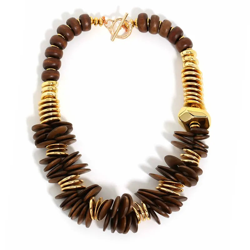 Brown Handmade Retro Wood & Acrylic Stitching Necklace