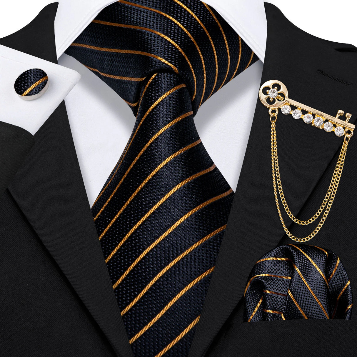 Hanky Cufflink Brooch Jacquard Silk Men Tie gold black necktie set