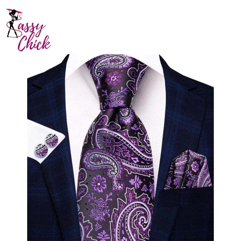 Hanky Cufflink Purple Floral Striped Paisley Silk Wedding Tie Sassy Chick Logo