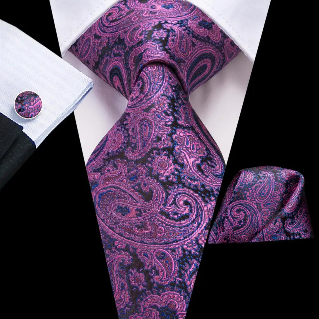 Hanky Cufflink Purple Floral Striped Paisley Silk Wedding Tie