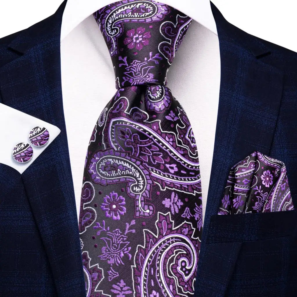 Hanky Cufflink Purple Floral Striped Paisley Silk Wedding Tie