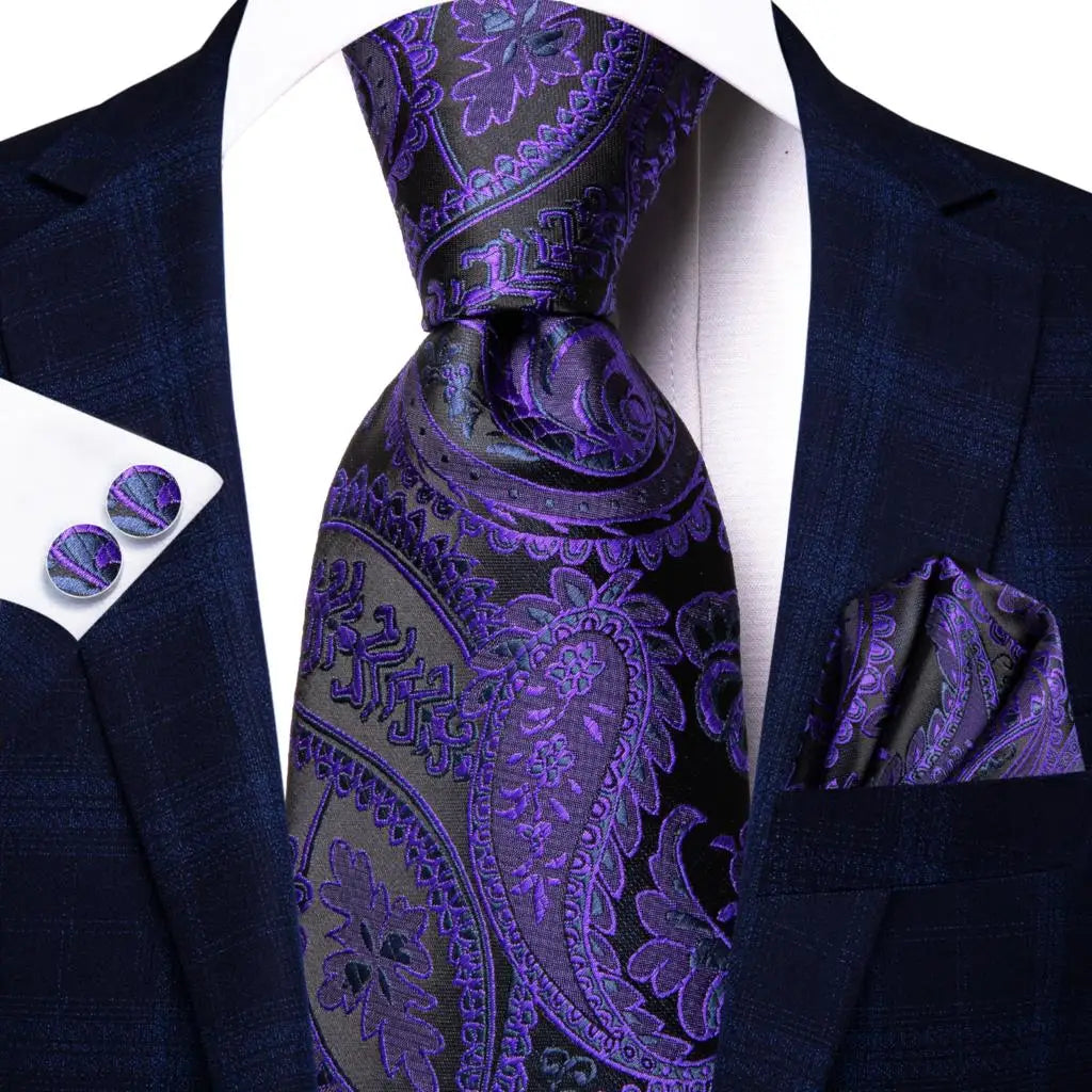 Hanky Cufflink Purple Floral Striped Paisley Silk Wedding Tie