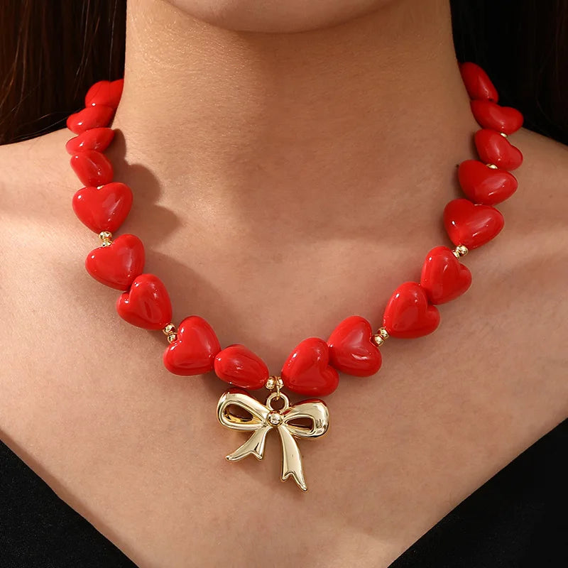 Model using Heart Shaped Resin Love Beaded Necklace