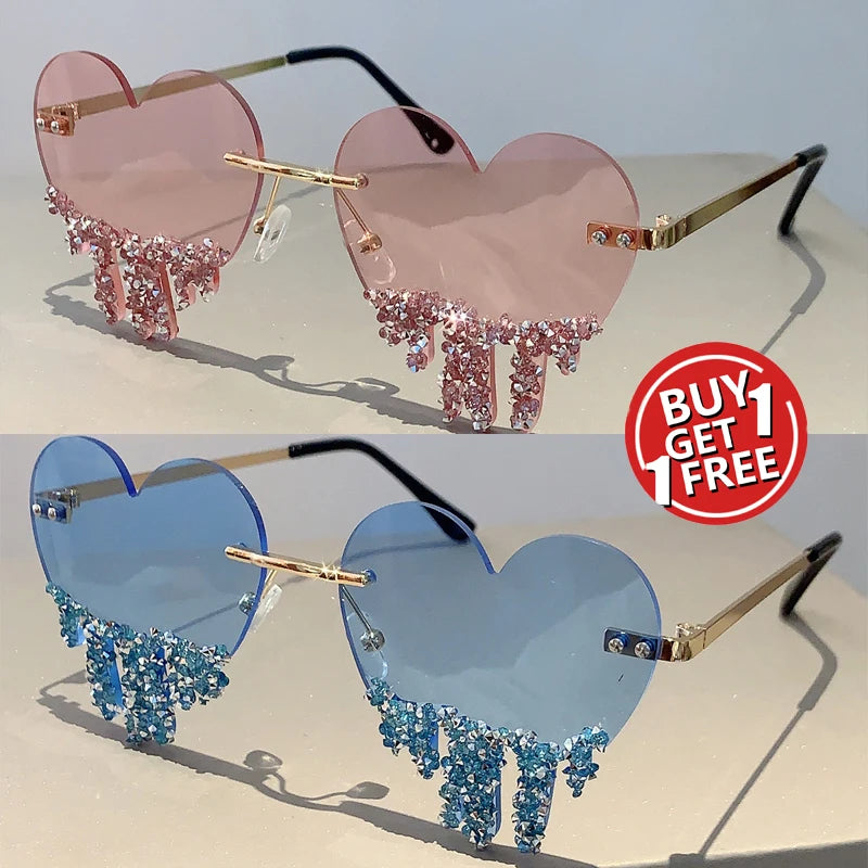 pink and blue Heart Shaped Rhinestones Sunglasses