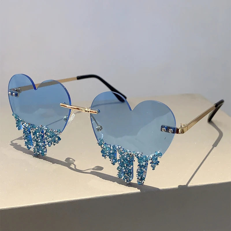 blue Heart Shaped Rhinestones Sunglasses