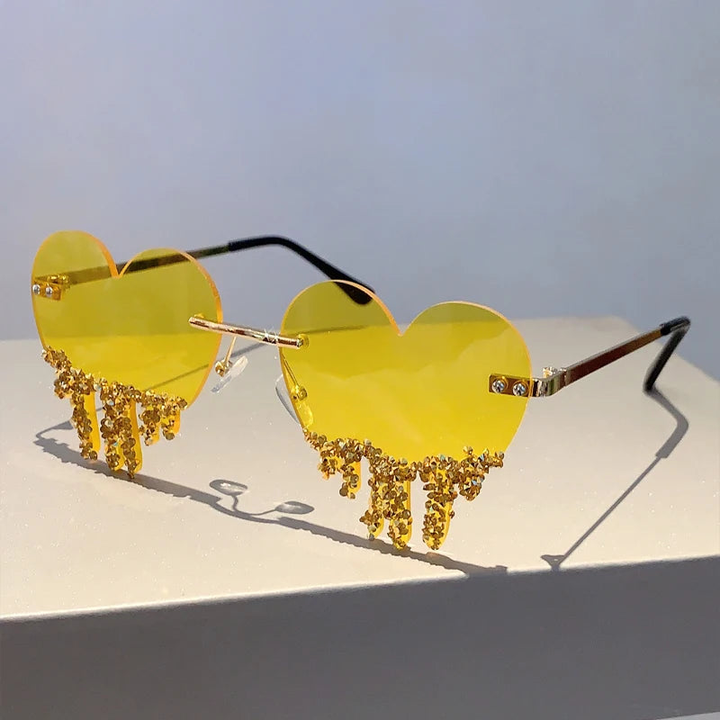 gold Heart Shaped Rhinestones Sunglasses