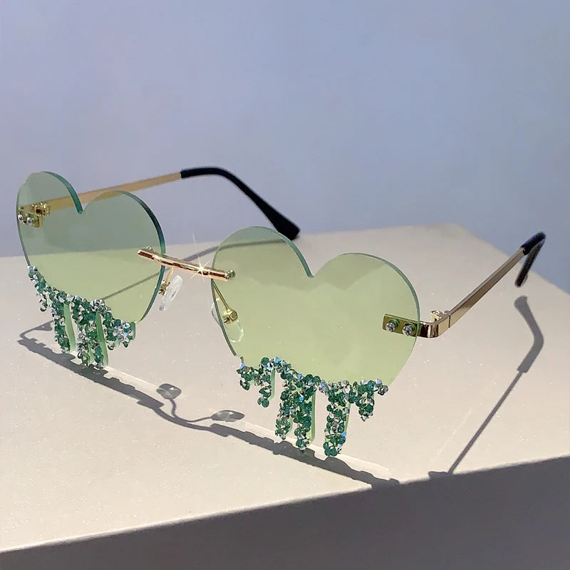green Heart Shaped Rhinestones Sunglasses