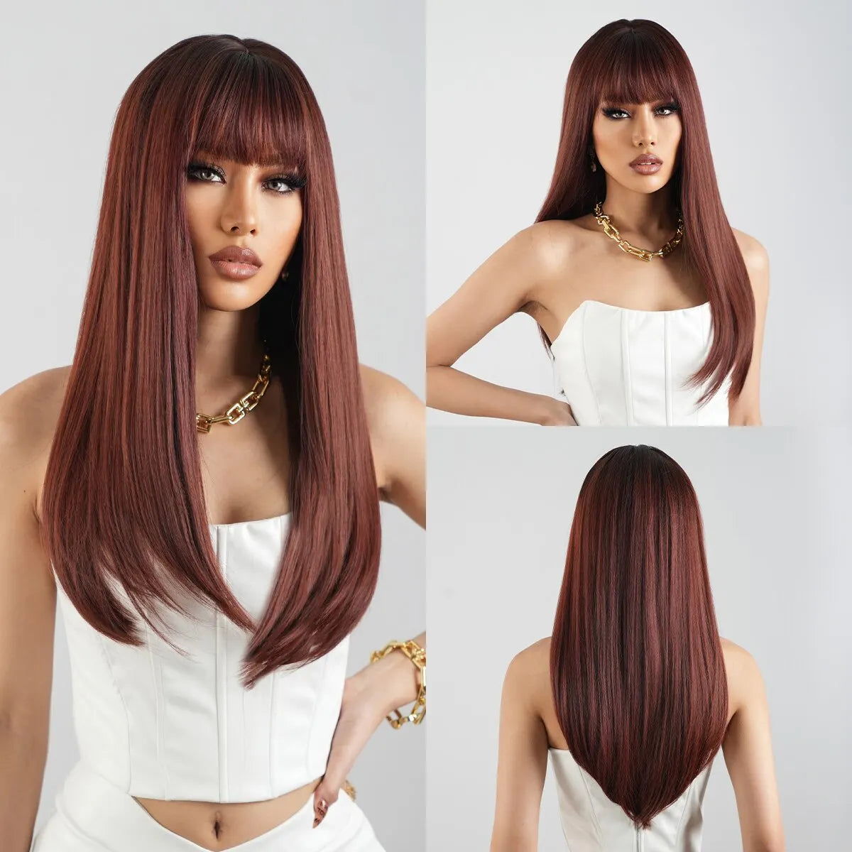 Brown Heat Resistant Long Straight With Flat Bang Natural Looking Fiber Wig