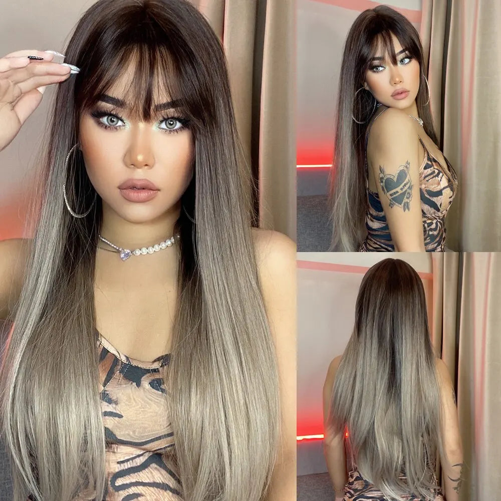 Gray Heat Resistant Long Straight With Flat Bang Natural Looking Fiber Wig