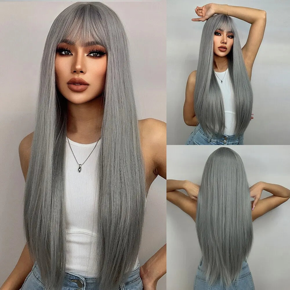Gray Heat Resistant Long Straight With Flat Bang Natural Looking Fiber Wig