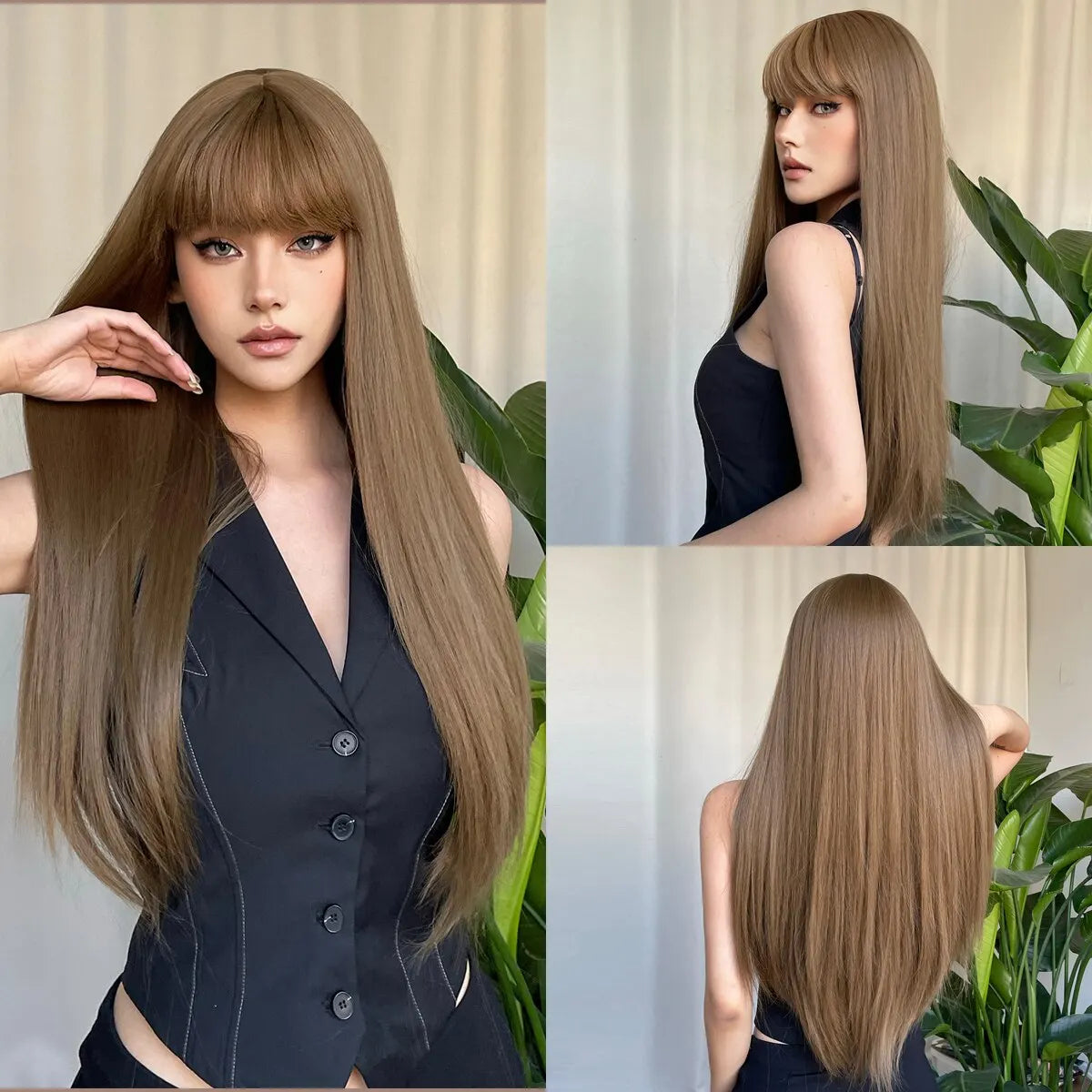 Brown Heat Resistant Long Straight With Flat Bang Natural Looking Fiber Wig