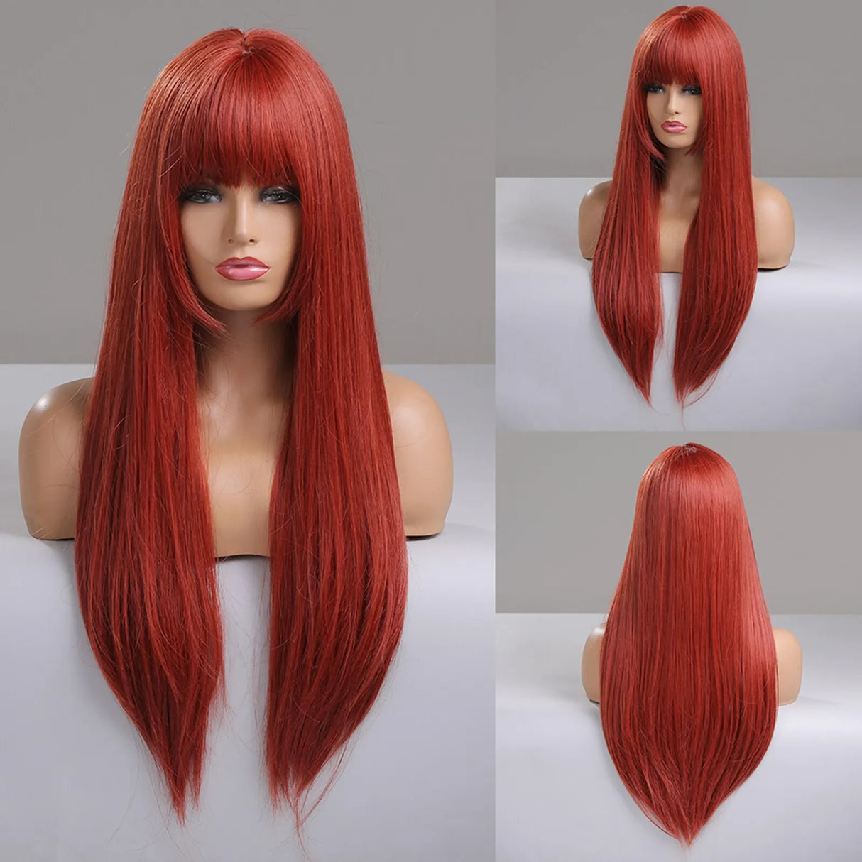 Red Heat Resistant Long Straight With Flat Bang Natural Looking Fiber Wig