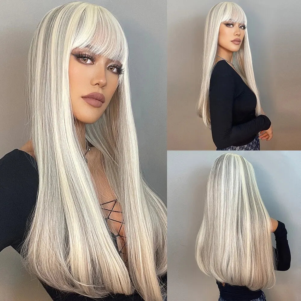 White Heat Resistant Long Straight With Flat Bang Natural Looking Fiber Wig