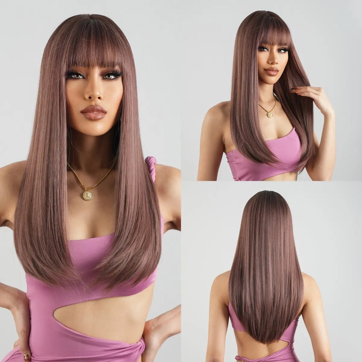 purple Heat Resistant Long Straight With Flat Bang Natural Looking Fiber Wig