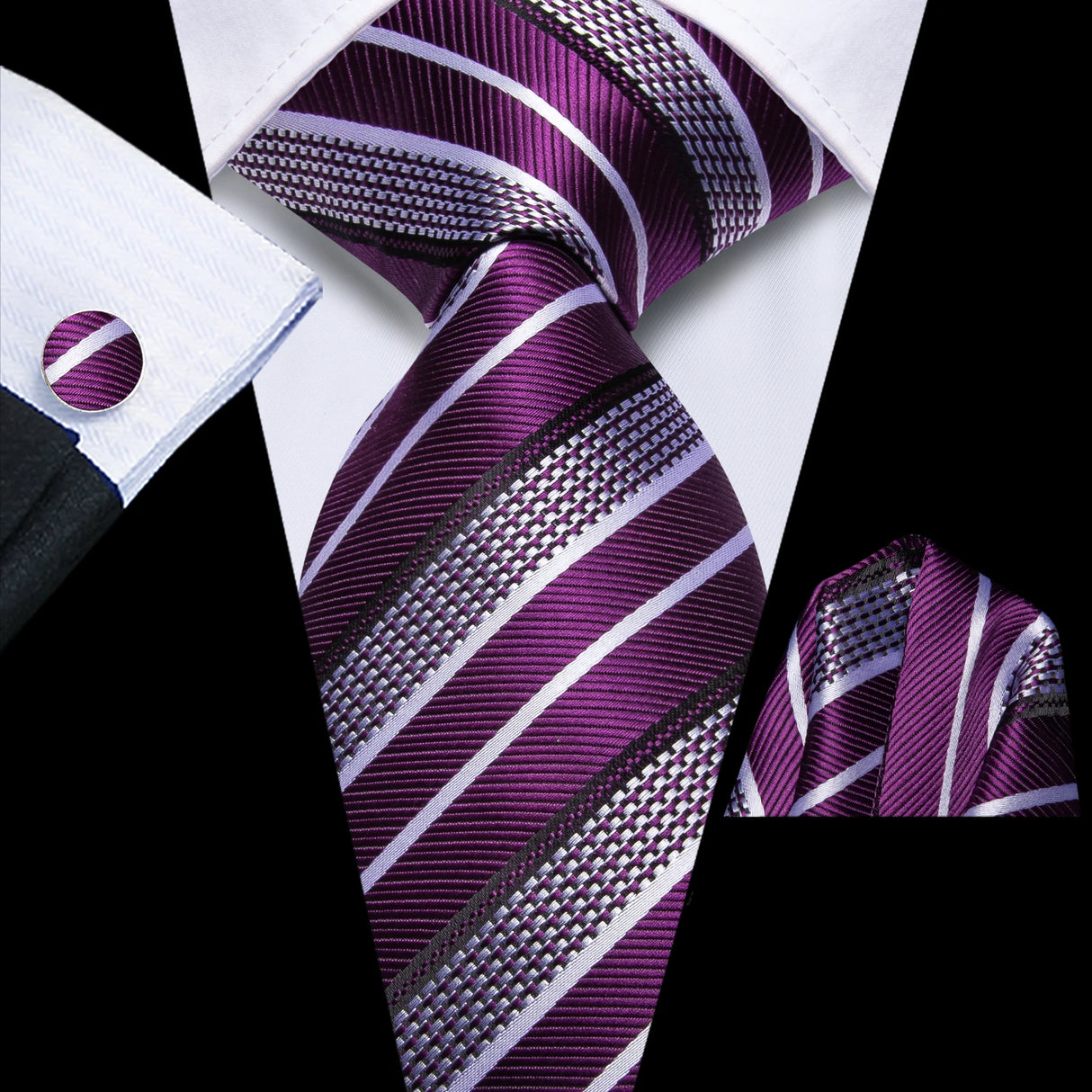 Purple Black High Quality Multi-Color Silk 8.5cm Formal Hanky Cufflinks Set