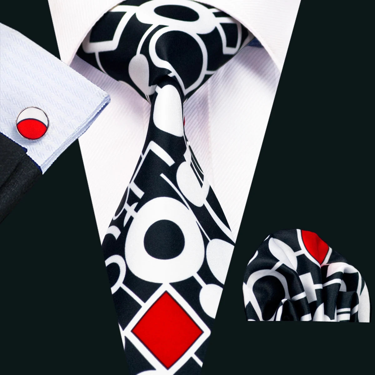 Black white High Quality Pocket Square Cufflinks Silk Tie