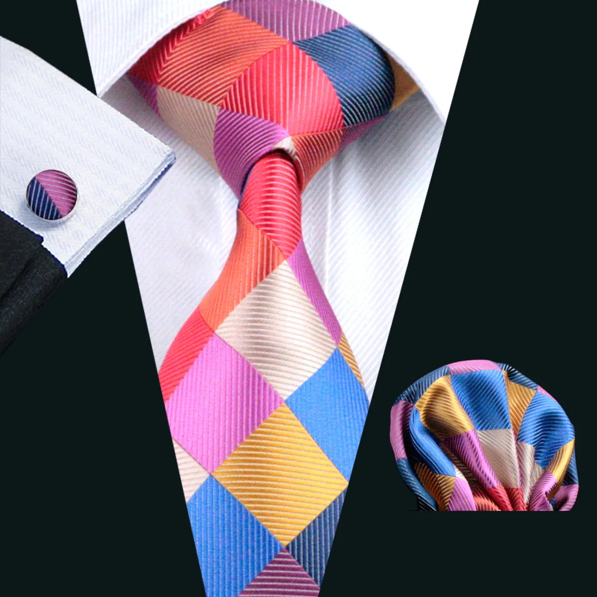 Multicolor High Quality Pocket Square Cufflinks Silk Tie