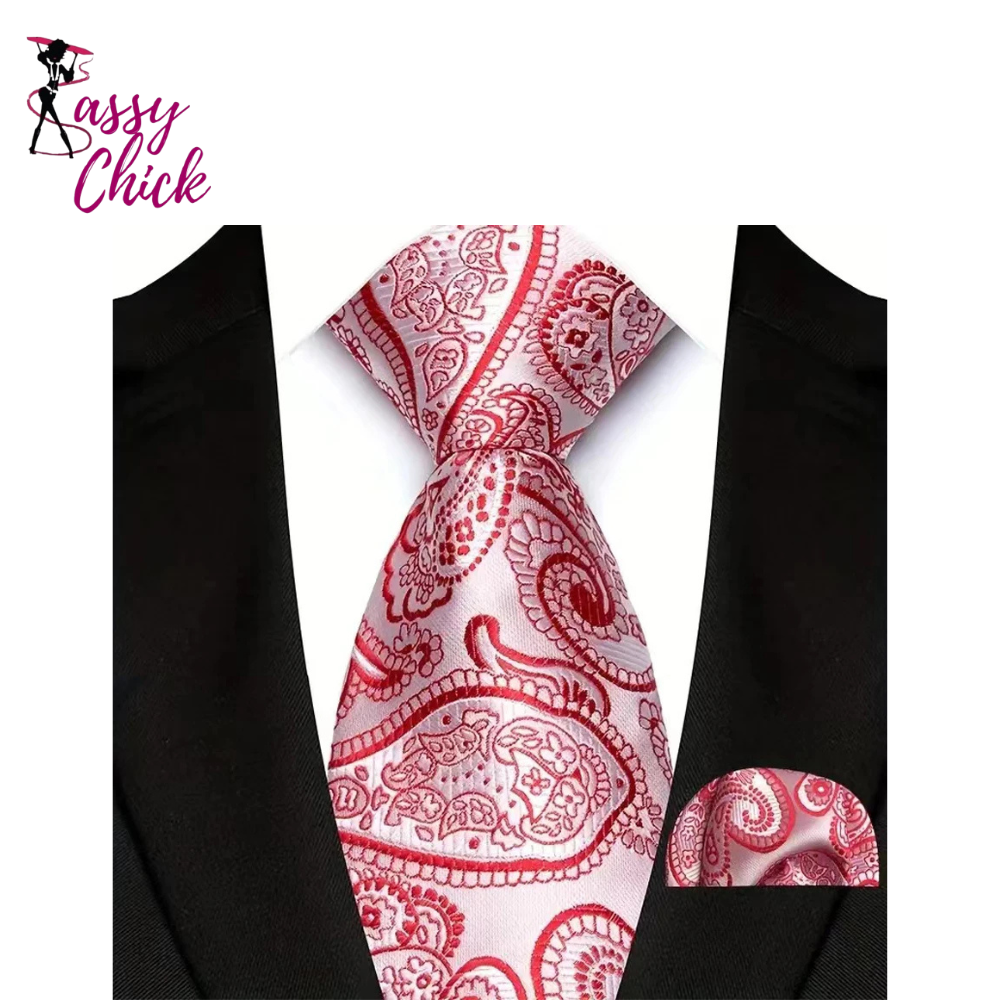 High Quality Wine Red Floral Dot Plaid Men Tie Pocket Square Set Sassy Chick Logo