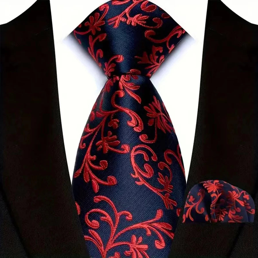 High Quality Wine Red Floral Dot Plaid Men Tie Pocket Square Set