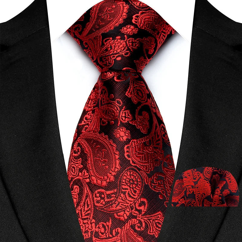 High Quality Wine Red Floral Dot Plaid Men Tie Pocket Square Set