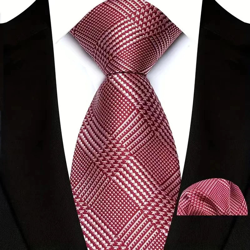 High Quality Wine Red Floral Dot Plaid Men Tie Pocket Square Set