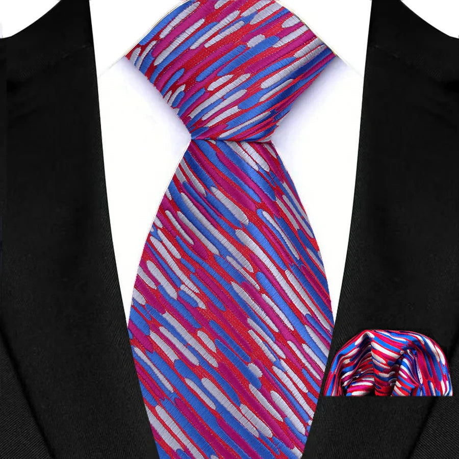 High Quality Wine Red Floral Dot Plaid Men Tie Pocket Square Set