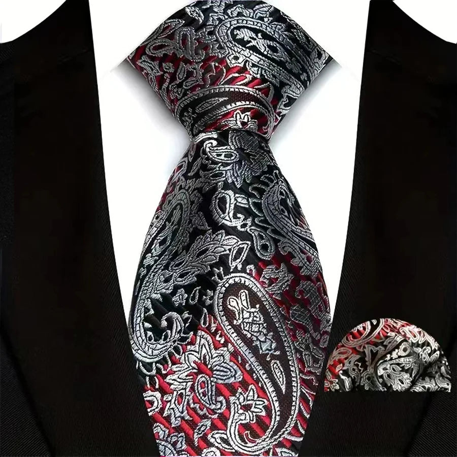 Silver High Quality Wine Red Floral Dot Plaid Men Tie Pocket Square Set