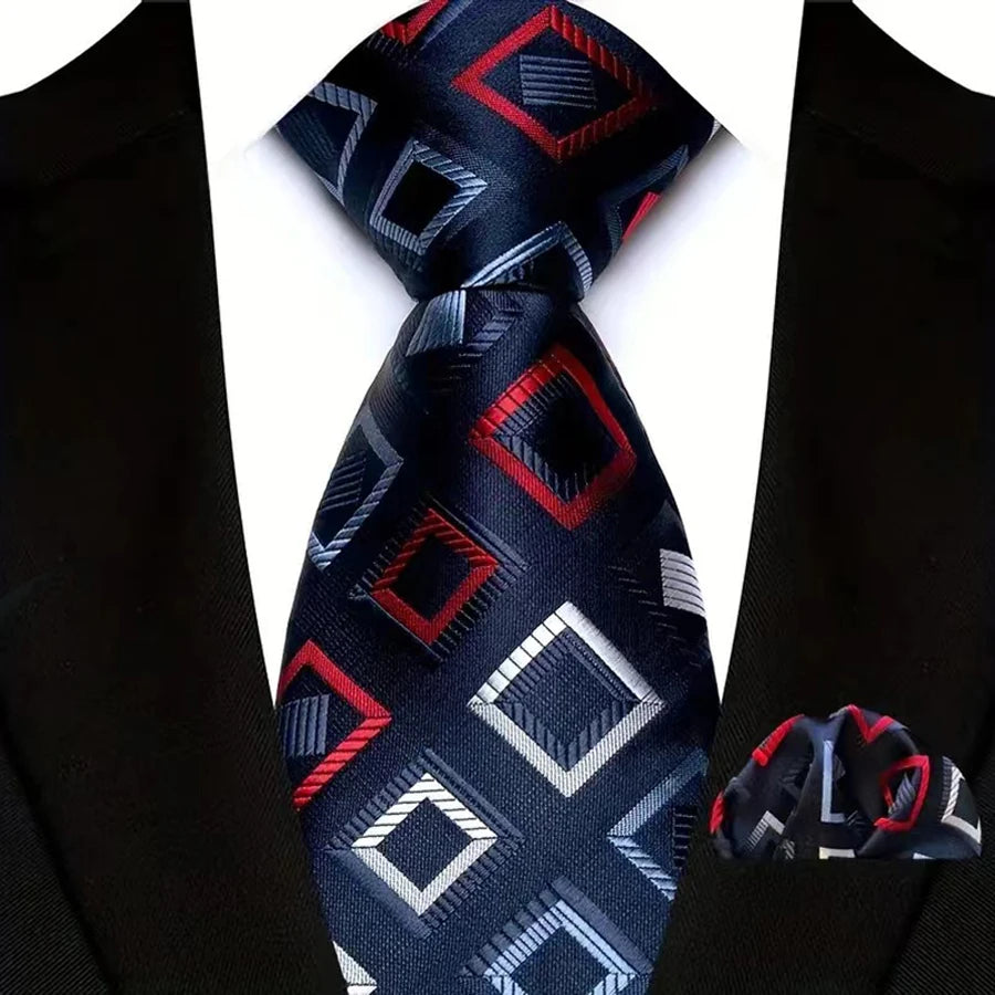 Blue High Quality Wine Red Floral Dot Plaid Men Tie Pocket Square Set