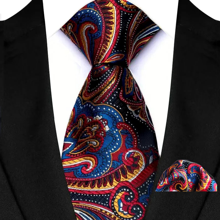 High Quality Wine Red Floral Dot Plaid Men Tie Pocket Square Set