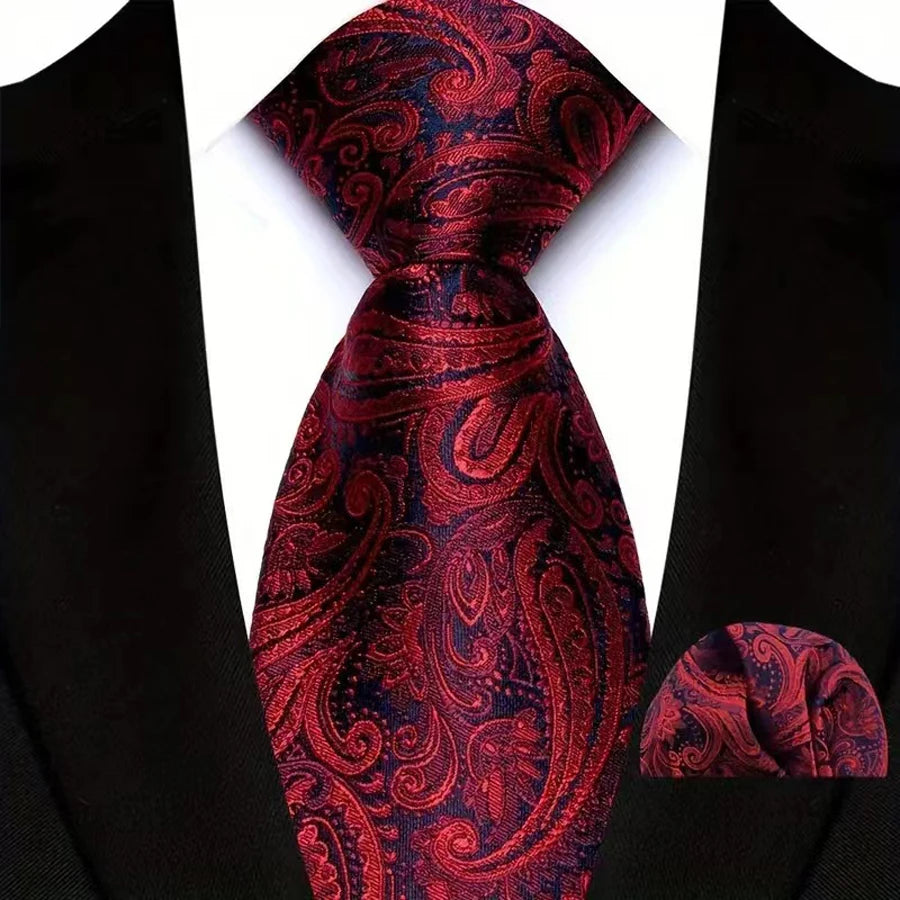 High Quality Wine Red Floral Dot Plaid Men Tie Pocket Square Set