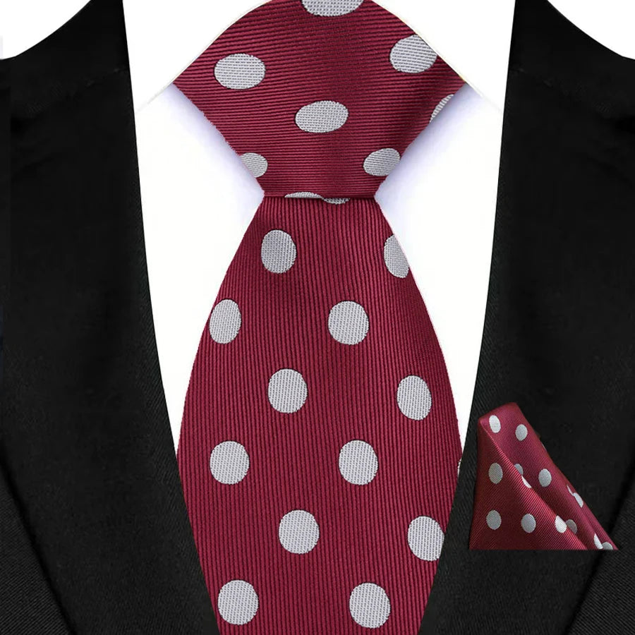 High Quality Wine Red Floral Dot Plaid Men Tie Pocket Square Set